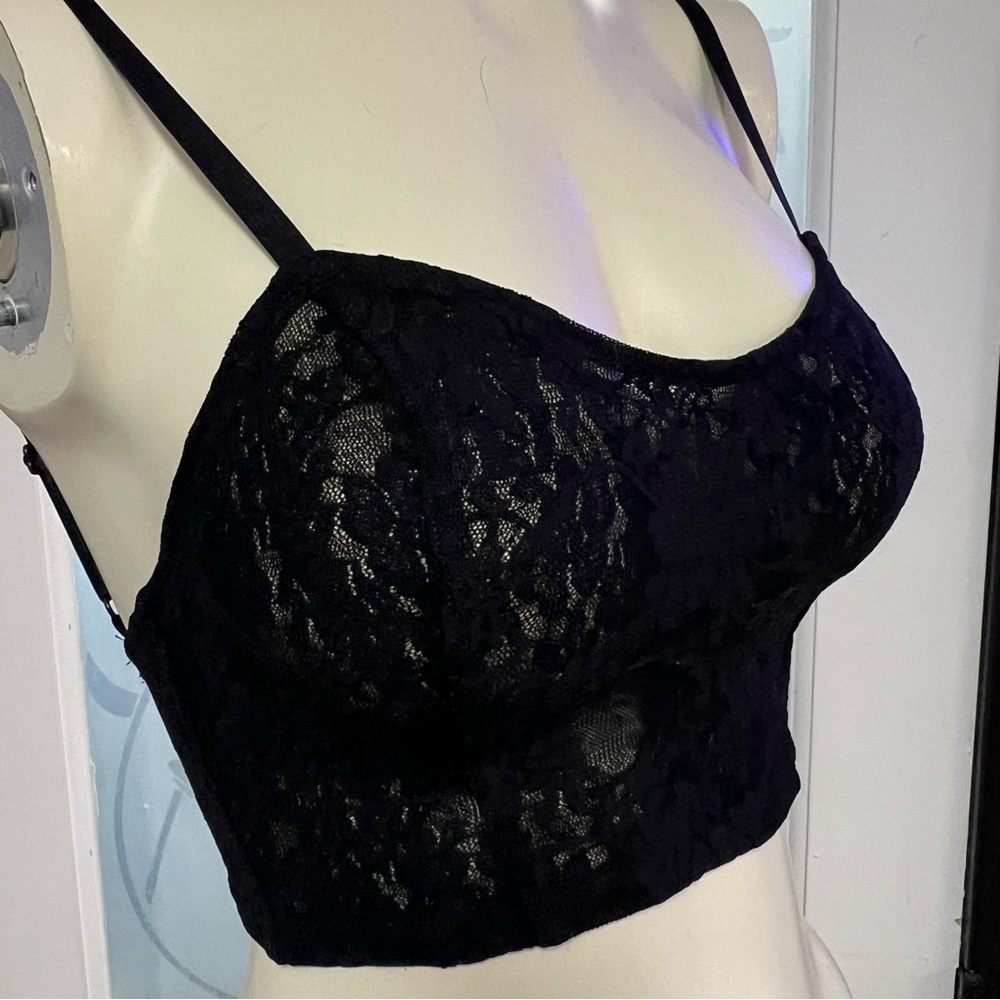 American Apparel Stretch Bustier Bralette Size S Black Flower Lace No Wire NWOT